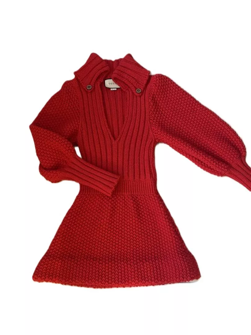 Rare robe Gucci femme manches longues tricot rouge laine évasée sans poche occasion taille S