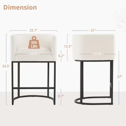 New 26" Beige Black Low Back Bar Stool Set of 2 Metal Frame Linen Upholstered - Picture 3 of 11