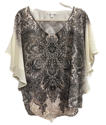 Westport 1962 Womans Blouse Brown Tan Bohemian Embellished Plus Size 1X