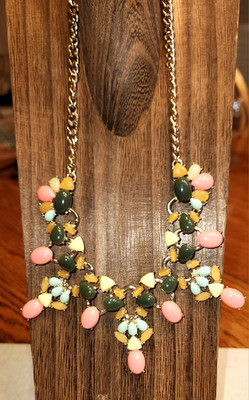 Multi Color Mixed Shape Cabochon Statement Necklace Gold Tone Chain