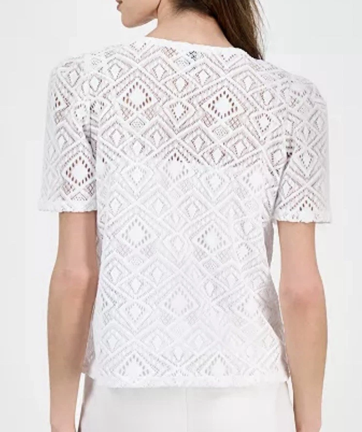 NUEVO CON ETIQUETAS Camiseta Anne Klein Encaje Blanco Floral Superposición Ligera L Foto 3 de 4