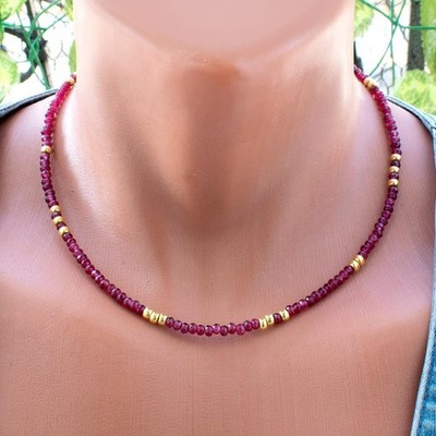 Pink Ruby Quartz Faceted Rondelle Gemstone Gold Filled Beads Women Necklace 18''