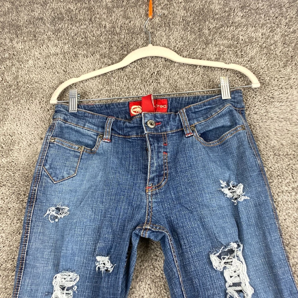 Pantalones de mezclilla Ecko rojos bootcut pierna para mujer 7 azules tiro bajo piedra oscura desgastados Foto 2 de 4