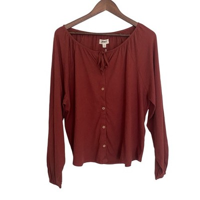 Pact Organic Cotton Linen Peasant Blouse M Rust Red Button Front Tie Neck Top