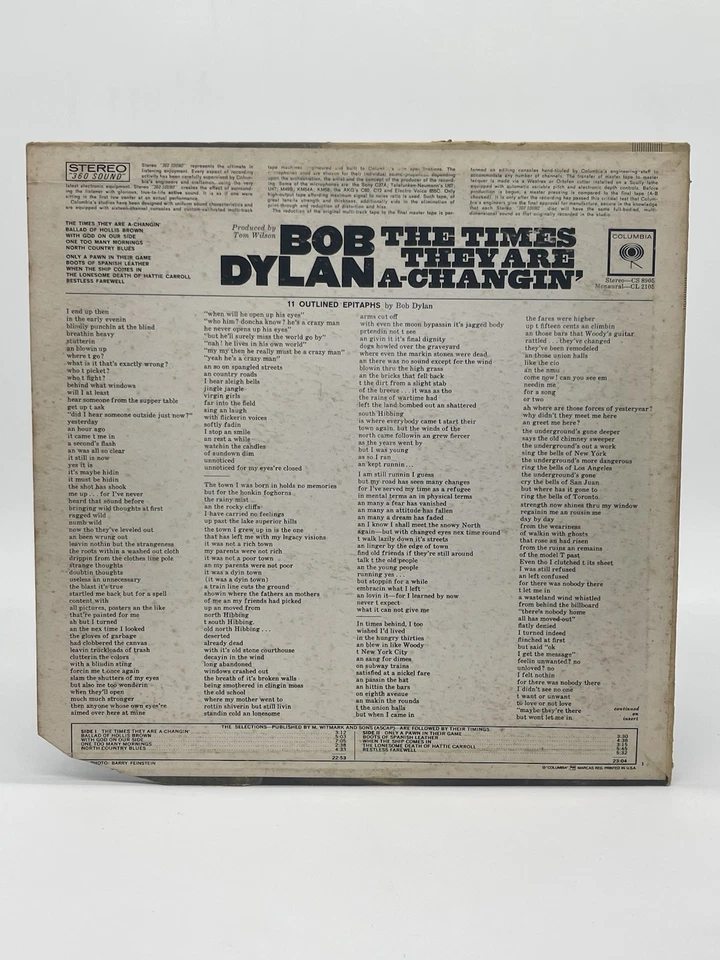 BOB DYLAN THE TIMES THEY ARE A-CHANGIN 12" LP VG VINYL RECORD COLUMBIA w/INSERT - Image 2 of 4