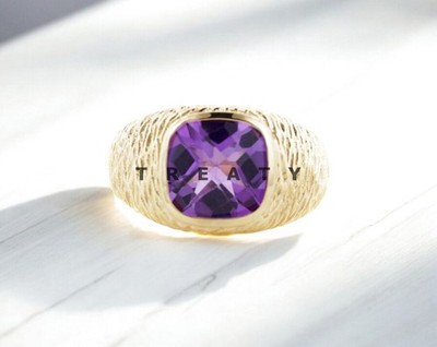 Amethyst Cushion Cut With 14k Yellow Gold Ring For Men's #416 #