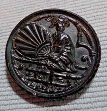 Large Antique Carved Black Glass Picture Button THEATER ASIAN LADY w/FAN BALCONY