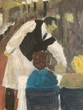 Dipinto Pittura Olio Arte Brut Cartone 1990 Parigi, Servitore, Ristorante