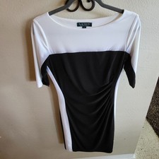 Ralph Lauren Sz. 4 Dress White Black Colorblock Side Ruched 1/2 Sleeve Boatneck 