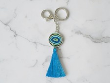 Colorful Evil Eye Metal Keychain with Blue Tassel