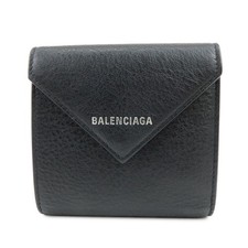 BALENCIAGA Logo Leather Bi-fold Compact Flap Wallet Black 637450 Auth Used F/S