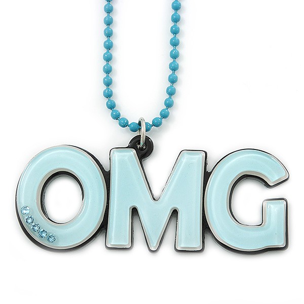 Light Blue Crystal, Acrylic 'OMG' Pendant With Beaded Chain - 44cm L