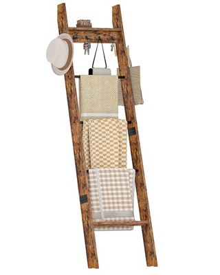 5-Tier Blanket Ladder Wooden Blanket Display Rack Towel Ladder with Hooks Wal