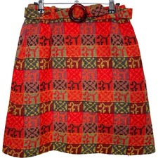 Vintage Peck Peck Plaid Tapestry Skirt Women S Red Orange Belted Geometric 60s