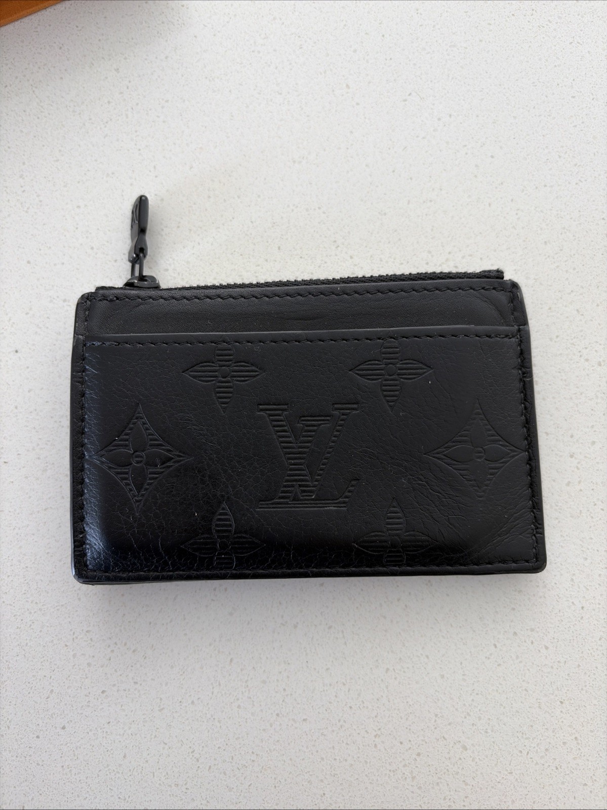 LOUIS VUITTON Coin Case Compact Card Holder Monogram Shadow Leather BLK Used