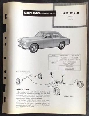 ALFA ROMEO 1900cc Car GIRLING Installation Maintenance Data Brake Guide 1951-56