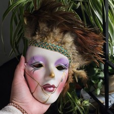 Repaired Hand Painted Venetian Style Wall Mask Purple Gold Mardi Gras Decor
