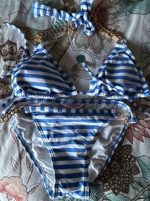 JUICY COUTURE BEACH ROYALTY BLUE STRIPED BIKINI SWIMSUIT SIZE P/TP