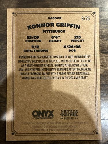 2024 Onyx Vintage Extended Baseball Konnor Griffin Rookie Auto 6/25 - Picture 2 of 2