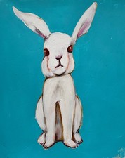 Original weißes Kaninchen Gemälde 32 cm Volkstier Kunst Hase türkis Hintergrund