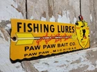 VINTAGE PAW PAW BAIT PORCELAIN SIGN OLD FISHING LURES TACKLE SHOP INDIAN ARROW