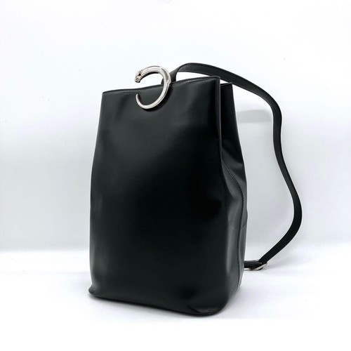 Cartier Panthere Black Leather Shoulder Bag Silver Hardware Self Standing 30cm
