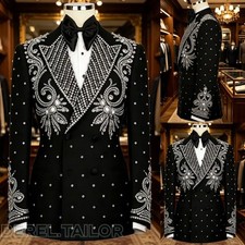 Men's Black Rhinestone Suit Tuxedo Luxury Wedding Groom Prom Formal Blazer