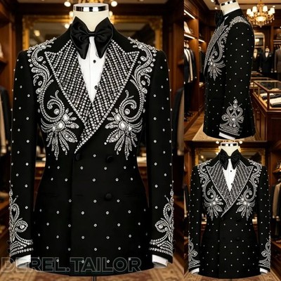 Men's Black Rhinestone Suit Tuxedo Luxury Wedding Groom Prom Formal Blazer