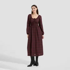 Women's Long Sleeve Midi A-Line Dress - Universal Thread Rosewood Brown Plaid