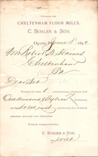 Cheltenham Flour Mills Ogontz PA 1892 Billhead Bosler & Son