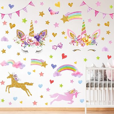 Outus 4 Sheets Unicorn Wall Decals Peel and Stick Watercolor Multicolor 