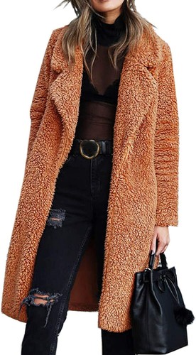 Women's Fuzzy Fleece Lapel Open Front Long Cardigan Coat Faux Fur Warm Winter  - Picture 6 of 11