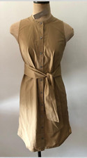 J Crew XXS NWT $88 Tan 100% Cotton Dress Button Front, Tie Waist Sleeveless NEW