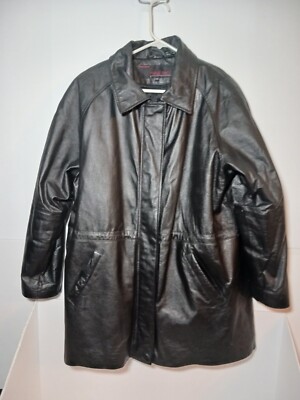 Vintage Phase 2 Leather Black Padded Overcoat Women Sz XL Lining Insulated