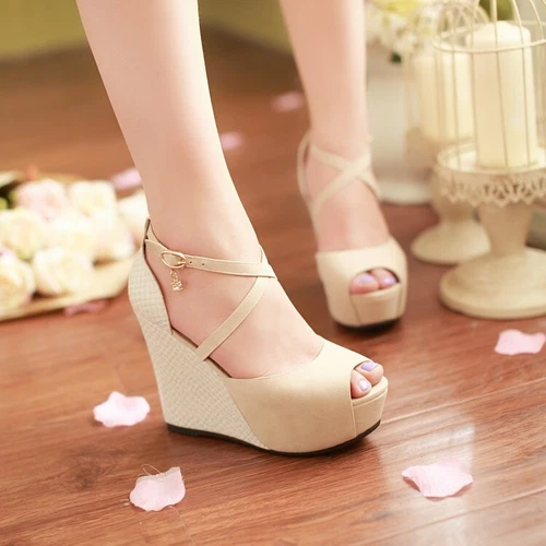 Sandalias de verano para mujer súper cuña tacón alto hebilla correa punta abierta plataforma zapatos - Imagen 10 de 14