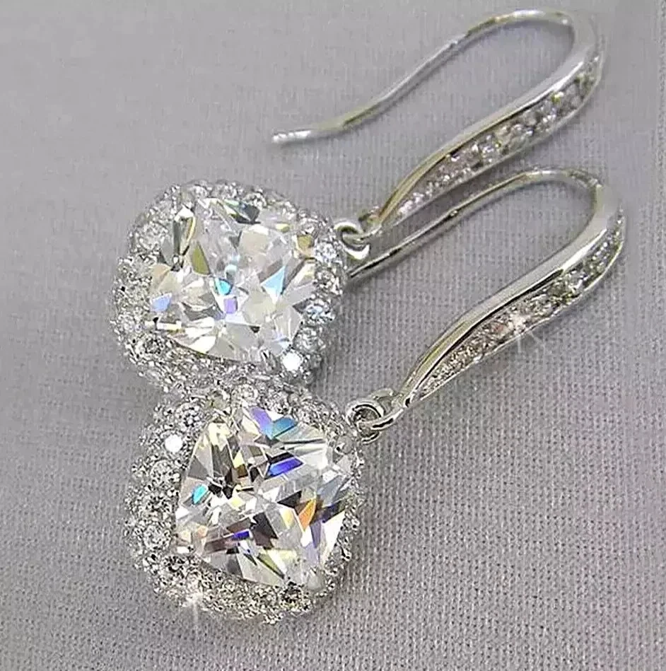 2 CT Cushion Cut White Lab Created Dangle/Drop Earrings 14K White Gold Plated - Image 2 of 3