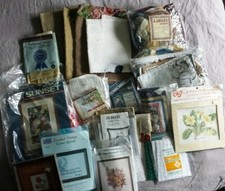 LOT OF 11 CROSS STITCH NEEDLEPOINT CREWEL KITS  ADDITIONAL 10 STITCH FABRIC 