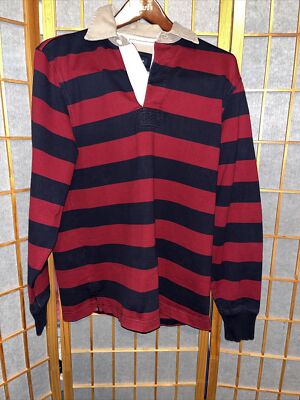 VTG Lands' End Striped Rugby Polo Long Sleeve Shirt Tan