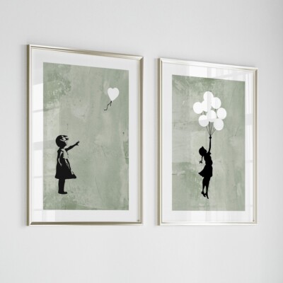 2er Set Banksy Herz Ballon Mädchen Wandbilder Poster Drucke Bilder Grün Deko
