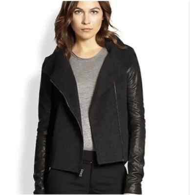 VINCE Heather Gray Wool Black Leather Moto Asymmetric Zip Jacket L = 12/14  
