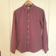 J. Crew Men's Slim Untucked Organic Cotton Check Plaid Button Up Red Blue Size