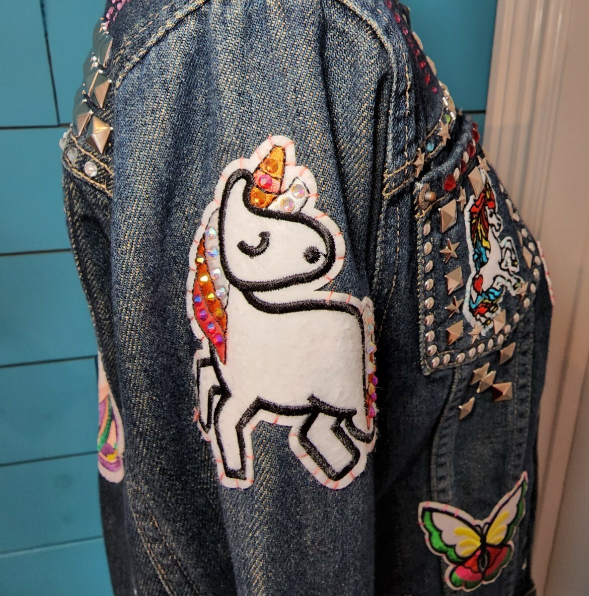 OOAK Unicorn Madness Patch Jean Jacket Studs Beda… - image 7