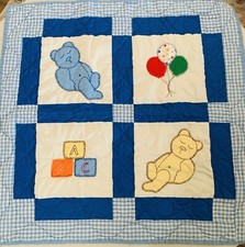 VTG ALL HANDMADE 34x34  Teddy Bear Baby Quilt Embroidery Blue White Grandma