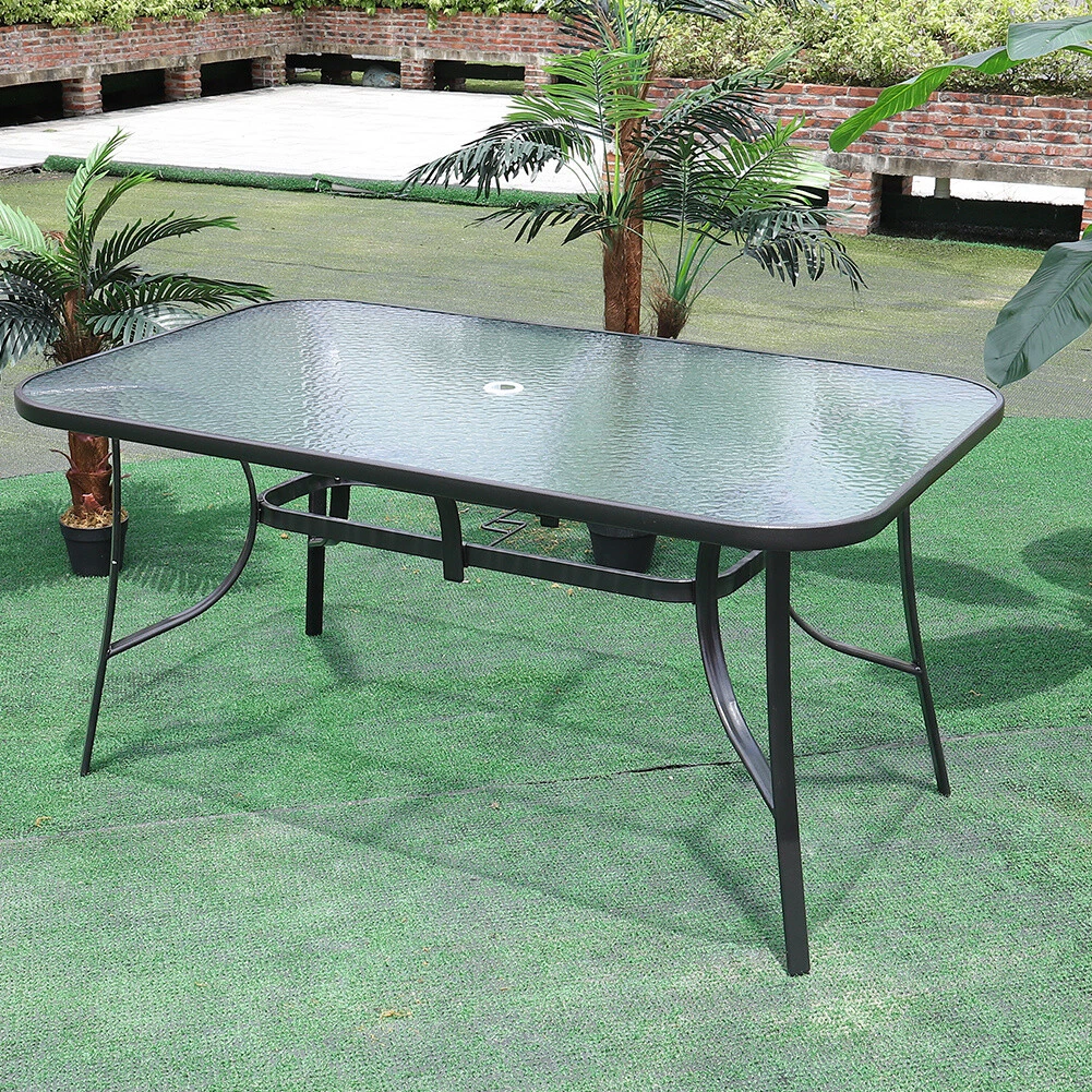 4FT Large Rectangle Glass Garden Patio Table Outdoor Furniture With Parasol Hole