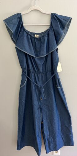 NWT Cotton Wide Leg Jumper Romper Off On Shoulder XL Coastal Beachy Travel Blue
