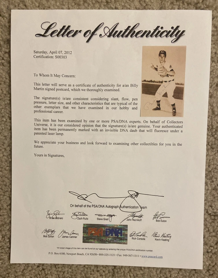 Billy Martin Signed Clev Indians Baseball Postcard PSA/DNA Certified Auto S00303 - Image 3 of 4