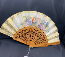 1800s Antique Large Hand Painted Folding Fan Landscape With Ladies And Gentlemen