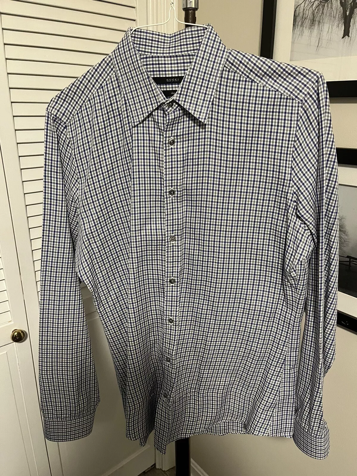 Chemise habillée homme à manches longues slim Gucci   gris violet plaid   41 16
