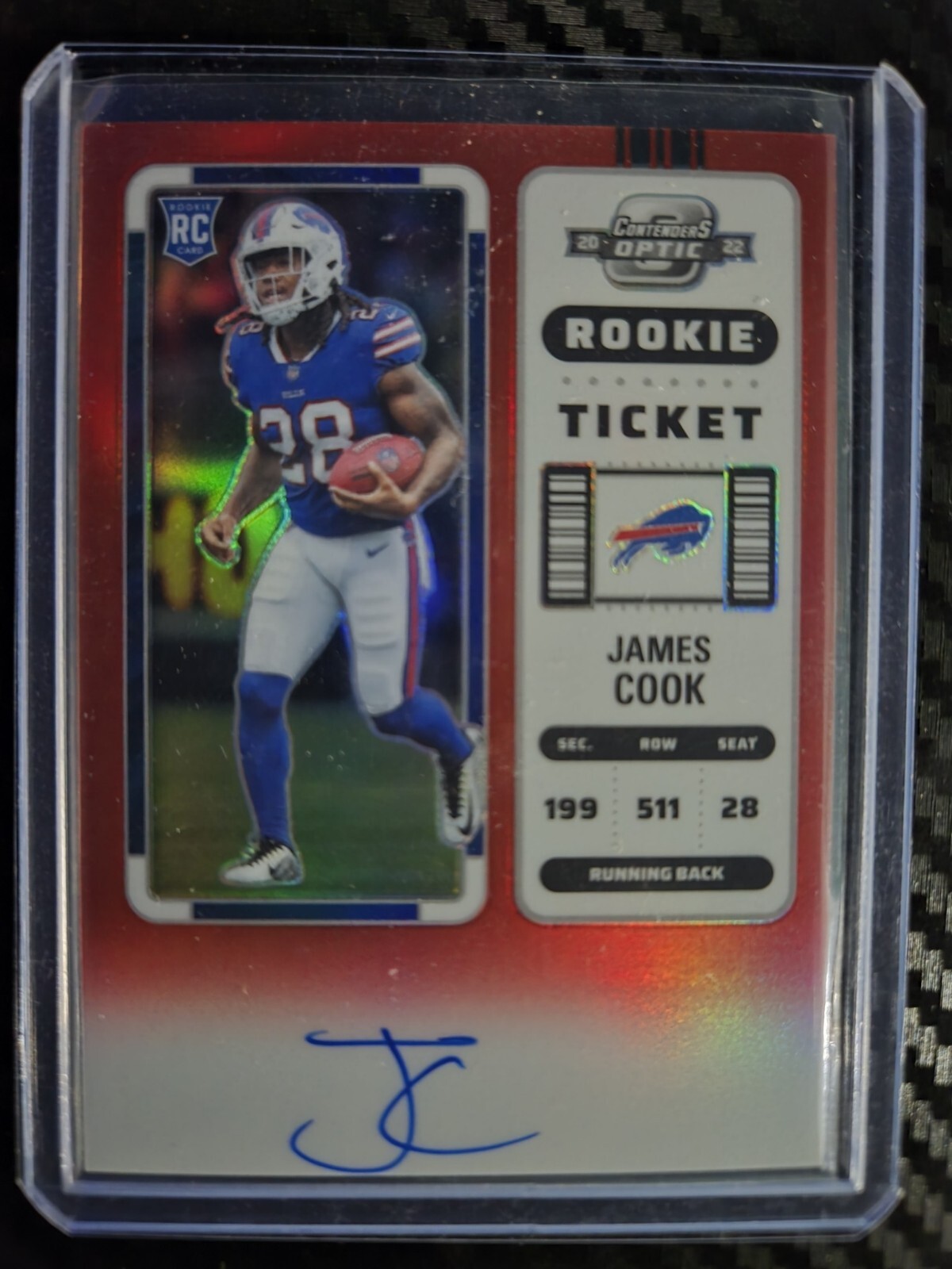 2022 Contenders Optic JAMES COOK #123 Rookie (RC) Auto Red 105/149 Buffalo Bills