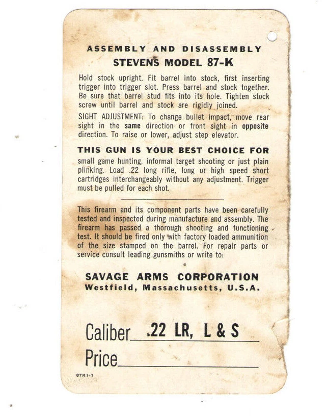 ¡ETIQUETA COLGANTE DE PAPEL PARA RIFLE SAVAGE 87-K DE COLECCIÓN! CARABINA SCOUT ~ MONTAJE/DESMONTAJE EN LA PARTE POSTERIOR Foto 2 de 2